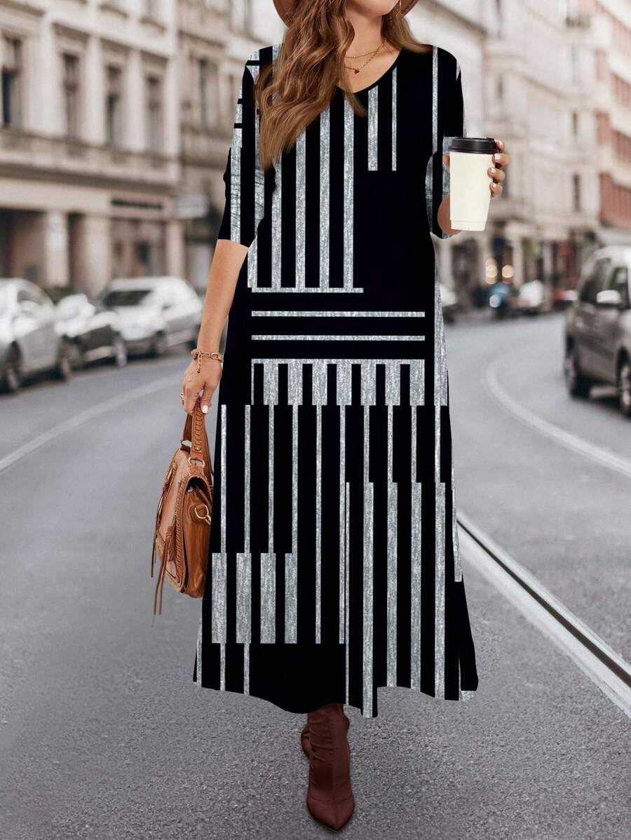 EMERY ROSE Plus Size V-Neck Long Sleeve Loose Elegant Striped Print Pattern Dress, Suitable For Autumn & Winter - Black - View 1