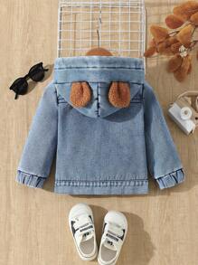 SHEIN Baby Girls Casual Thick Teddy Fleece Warm Autumn/Winter Panda Pattern Hoodie Denim Jacket With Bear Ears Decor - Medium Wash - View 2
