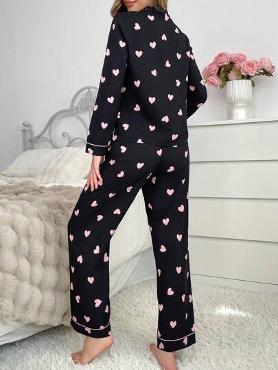 Contrast Collared Top Heart Bubble Wrinkled Women Pajama Set Cozy Elegante s, Fall Clothes view 2