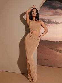 Hauture Asymmetric Cut Out One Shoulder Dress - Camel - View 3