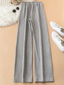 SHEIN Plus Size Solid Color Elastic Waist Thermal Lined Pants For Winter