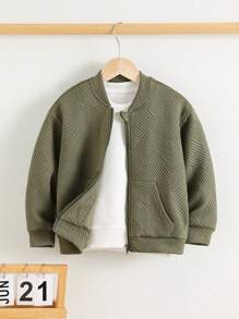 1pc Young Boys' Casual Stand Collar Solid Color Drop Shoulder Long Sleeve Jacket, Comfortable & Warm For Autumn/Winter - Army Green - View 7