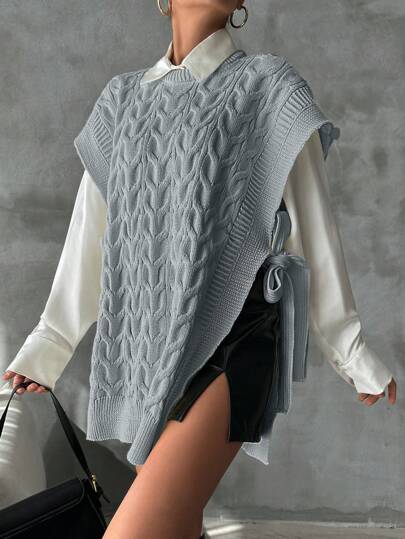 EURMUSE Women's Solid Color Crew Neck Drawstring Casual Knitted Sweater Vest