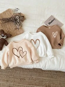 SHEIN Leap Crew 3 件装女婴复古心形印花加厚保暖长袖运动衫套装，适合秋冬季 - 彩色 - 查看 4