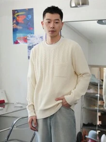 Manfinity Hypemode Men's Solid Color Round Neck Long Sleeve Pocket Loose Casual Sweater, Autumn Winter - Beige - View 4