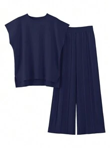 2pcs Set Women Solid Color Minimalist Sleeveless Sweater And Wide Leg Pants - Navy Blue - View 1
