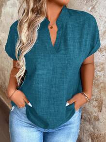 EMERY ROSE Plus Size Plain V-Neck Short Sleeve Simple Casual Shirt