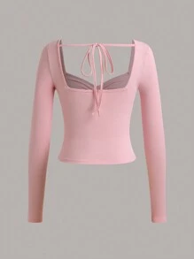 Chiquease 3 件套女士纯色甜心领长袖修身休闲 T 恤 - 彩色 - 查看 3