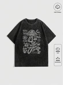 ROMWE Grunge Punk 女式哥特式复古仿旧蘑菇、蜘蛛网、文字图案印花扎染宽松 T 恤，街头风格，校园风 - 黑色 - 查看 4