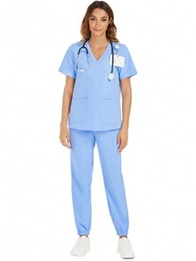 纯色短袖上衣和裤子 手术服 护士套装 - 藍色 - 查看 5