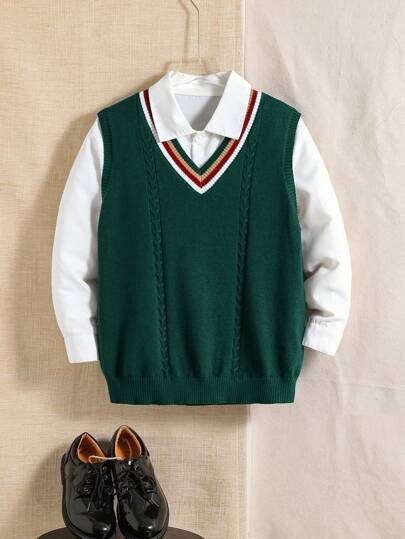 Tween Boys' Casual V-Neck Colorblock Sleeveless Knitted Sweater Vest,In Fall/Winter