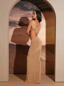 Hauture Asymmetric Cut Out One Shoulder Dress - Camel - View 2