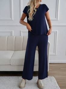 2pcs Set Women Solid Color Minimalist Sleeveless Sweater And Wide Leg Pants - Navy Blue - View 3
