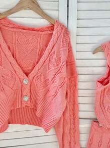 GlowEve 粗针织落肩开衫&针织短裤&吊带背心 3 件套 - 珊瑚粉 - 查看 4