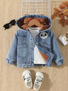 SHEIN Baby Girls Casual Thick Teddy Fleece Warm Autumn/Winter Panda Pattern Hoodie Denim Jacket With Bear Ears Decor - Medium Wash - View 4