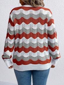 SHEIN LUNE Áo len sọc rỗng cổ chữ V dài tay cỡ lớn thường ngày - trái cam - Xem 2