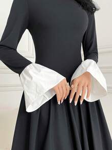 Modelyn Women's Solid Color Patchwork Long Sleeve Round Neck Simple Pleated Casual Dress - Black and White - View 5