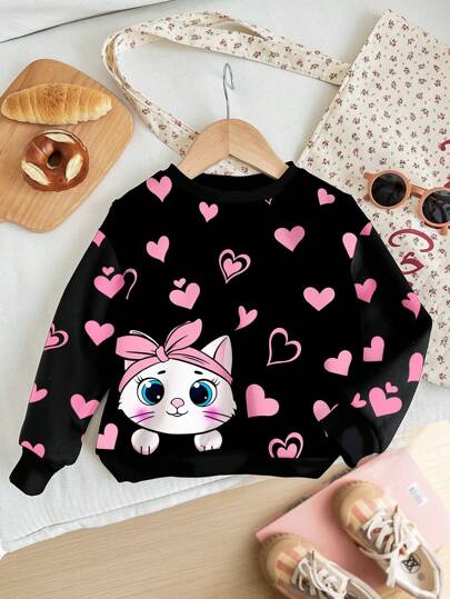 SHEIN 心形猫图案，粉色，年轻女孩休闲宽松圆领保暖内衬套头衫，舒适的日常穿着适合秋冬季