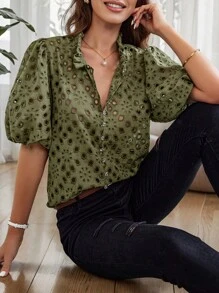 SHEIN Clasi 女士假日休閒 masson 實心色空心刺繡泡泡袖襯衫 - 軍綠色 - 查看 4