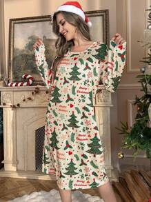 Festive Christmas Tree Pattern Print Long Sleeve Women's T-Shirt Nightgown - Multicolor - View 4