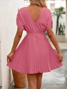 SHEIN Clasi Váy suông xếp ly đơn giản cổ chữ V tay cánh dơi cho nữ - Hồng - Xem 2