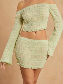 L'Amorae Texture Off Shoulder Bell Sleeve Top & Skirt Set - Green - View 5