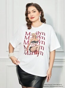 Marilyn Monroe X SHEIN Plus Size Elegant Casual Vintage White Sexy Portrait & English Graphic Print Loose Short Sleeve T-Shirt,Autumn/Winter