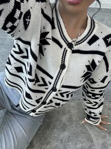 Chiquease 女式前扣长袖图案休闲上衣 - 黑與白 - 查看 6