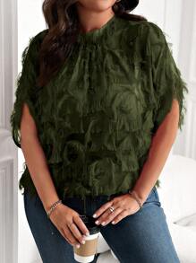 SHEIN Clasi Plus Size Solid Color Fringe Stand Collar Short Sleeve Casual Blouse - Army Green - View 3