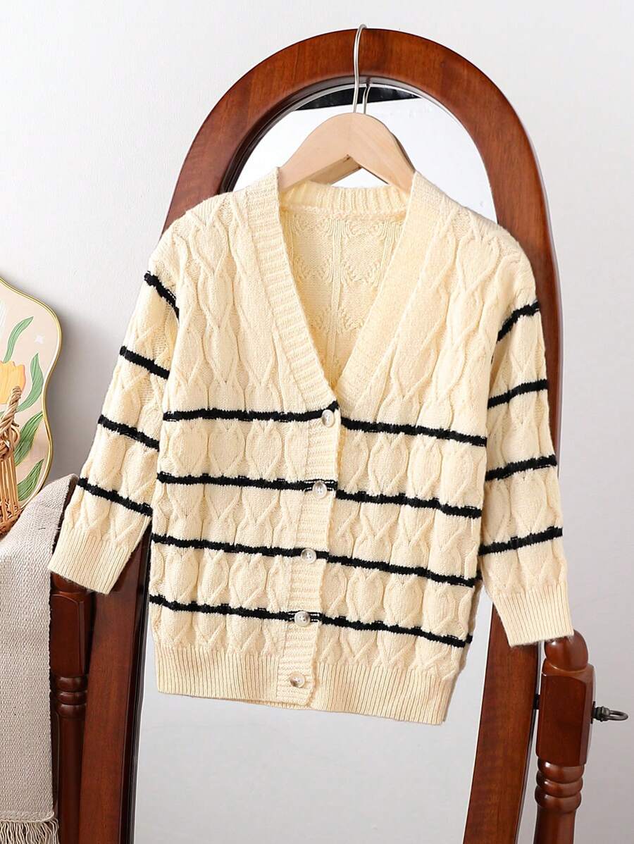 Cárdigan de punto a media altura con cuello en V y rayas para niña, chaqueta tejida casual y de abrigo, de moda para otoño