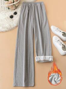 SHEIN Plus Size Solid Color Elastic Waist Thermal Lined Pants For Winter