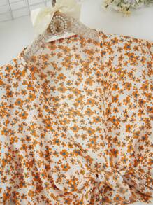 SHEIN PETITE 女士度假休闲碎花系带喇叭袖衬衫 - 白色 - 查看 3