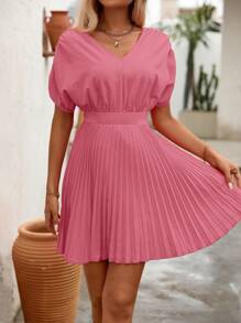 SHEIN Clasi Váy suông xếp ly đơn giản cổ chữ V tay cánh dơi cho nữ - Hồng - Xem 3