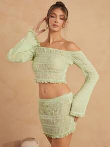 L'Amorae Texture Off Shoulder Bell Sleeve Top & Skirt Set - Green - View 3