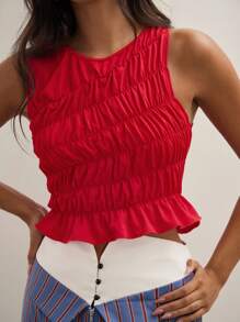 COSMINA Red Crepe Tank Top, Crepe Design, Casual Tank Top, Casual And Versatile,Women's Round Neck Sleeveless Simple Ruched, Casual Everyday - Red - View 3