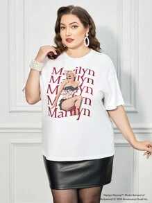Marilyn Monroe X SHEIN Plus Size Elegant Casual Vintage White Sexy Portrait & English Graphic Print Loose Short Sleeve T-Shirt,Autumn/Winter