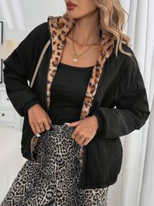 SHEIN LUNE Áo khoác lót nhiệt họa tiết da báo tối giản, tay dài có khóa kéo phía trước - màu đen - Xem 5