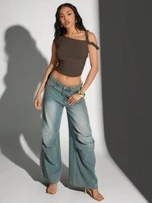 Denimoi 夏季扭纹不对称褶皱短款上衣