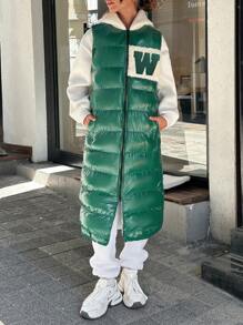 EURMUSE SLEEVELESS CONTRAST COLOR, COLORFUL WINTER COAT HOOD PUFFY LONG VEST - Green - View 3