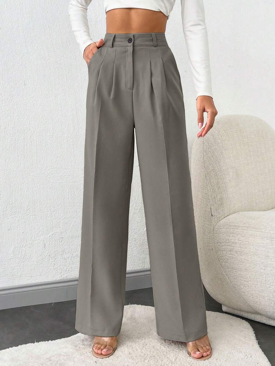 SHEIN Tall 高腰阔腿女式西装裤 - 灰色 - 查看 1