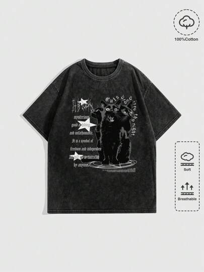 Grunge Punk Camiseta vintage de manga corta, cuello redondo, corte holgado, estampado de gato, estrella y eslogan, lavado, mezcla de gatos que se funden con la noche, escuela