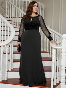 Plus Size Women's Sparkly Mesh Sequins Mermaid Evening Party Dress, Wedding Event Dress, Black Elegant Long Sleeve Formal Prom Gown, For Wedding Guest, Graduation, Dinner - 黑色 - 查看 3