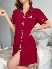 SHEIN 拼色饰边蝴蝶结装饰口袋前开式女式睡袍 - 紅色 - 查看 6