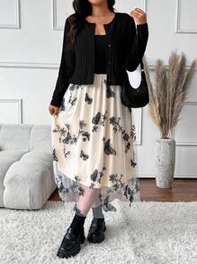 SHEIN Frenchy Plus Size Solid Color Button Front Blouse And Allover Print Skirt 2-Piece Set - Black - View 2