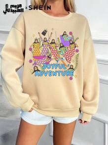 Seusyu Sudadera holgada y gruesa con cuello redondo, estampado de niñas de dibujos animados sencillo y casual para otoño e invierno, Top de jersey casual y cómodo - Albaricoque - Ver 3