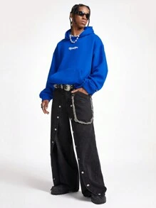 Manfinity VCAY Men's Loose Fit Printed Crew Neck Long Sleeve Hooded Knit Pullover, For Fall Winter - Blue - View 4