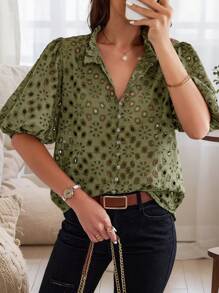 SHEIN Clasi 女士假日休閒 masson 實心色空心刺繡泡泡袖襯衫 - 軍綠色 - 查看 3