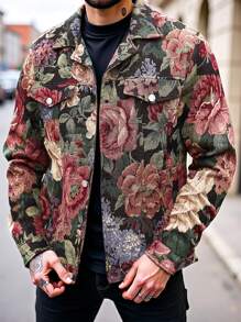 Manfinity Homme 男士花卉提花长袖休闲时尚夹克，春秋季彩色图案轻便夹克，适合朋友、丈夫、男朋友的礼物 - 彩色 - 查看 1