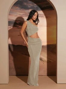 Hauture Asymmetric Cut Out One Shoulder Dress - Khaki - View 4