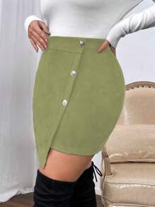 SHEIN Clasi Plus Size Casual Solid Color Asymmetrical Hem Bodycon Skirt, Fall - Green - View 5